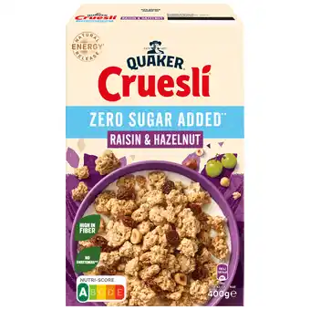 PLUS Quaker Cruesli Zero Sugar Raisin&Haze aanbieding