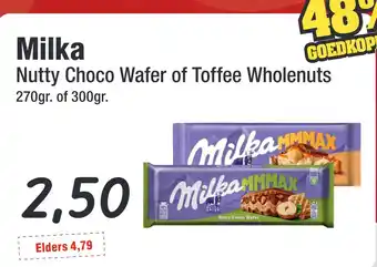 Budget Food Milka Nutty Choco Wafer of Toffee Wholenuts aanbieding