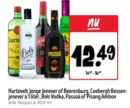 Jumbo Hartevelt Jonge Jenever of Beerenburg, Coebergh Bessen- jenever à 1 liter, Bols Vodka, Passoã of Pisang Ambon aanbieding