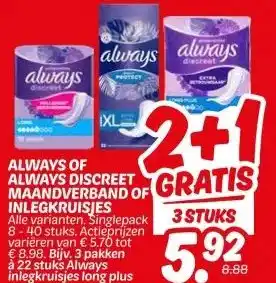 Dekamarkt ALWAYS OF ALWAYS DISCREET MAANDVERBAND OF INLEGKRUISJES aanbieding