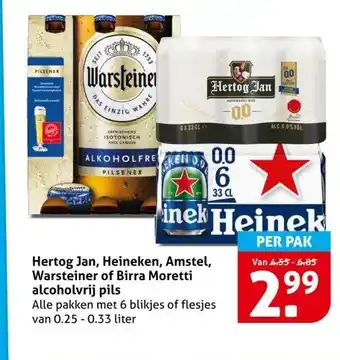 Hoogvliet Hertog Jan, Heineken, Amstel, Warsteiner of Birra Moretti alcoholvrij pils aanbieding