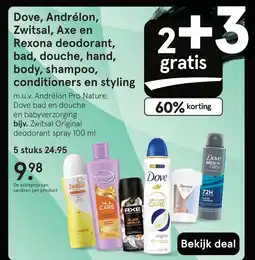 Etos Dove, Andrélon, Zwitsal, Axe en Rexona deodorant, bad, douche, hand, body, shampoo, conditioners en styling aanbieding
