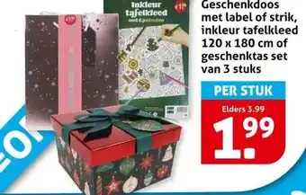 Hoogvliet Geschenkdoos met label of strik, inkleur tafelkleed 120 x 180 cm of geschenktas set van 3 stuks aanbieding