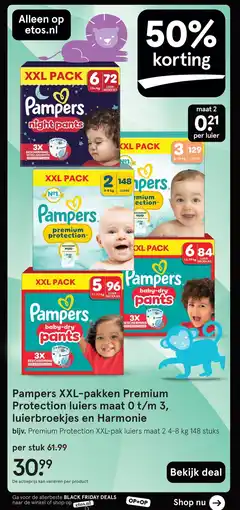 Etos Pampers XXL pakken Premium Protection luiers maat 0 t/m 3, luierbroekjes en Harmonie aanbieding