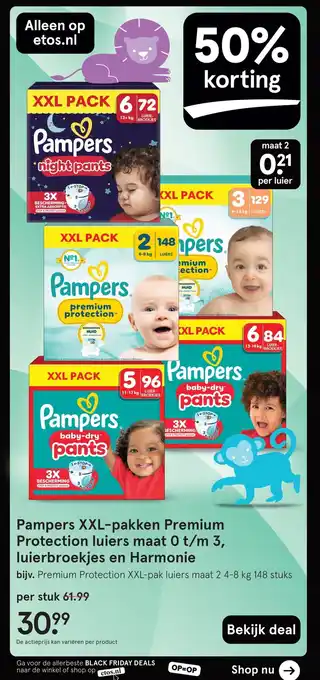 Etos Pampers XXL pakken Premium Protection luiers maat 0 t/m 3, luierbroekjes en Harmonie aanbieding