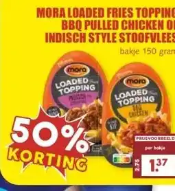 MCD Supermarkt MORA LOADED FRIES TOPPING BBQ PULLED CHICKEN OF INDISCH STYLE STOOFVLEES aanbieding
