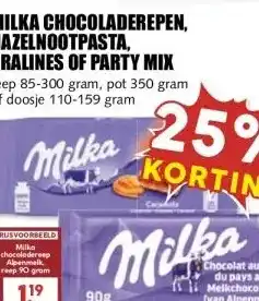 MCD Supermarkt MILKA CHOCOLADEREPEN, HAZELNOOTPASTA, PRALINES OF PARTY MIX aanbieding