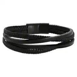 Lucardi Stalen blackplated herenarmband gevlochten leer aanbieding