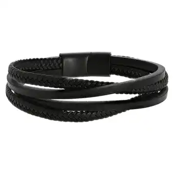 Lucardi Stalen blackplated herenarmband gevlochten leer aanbieding