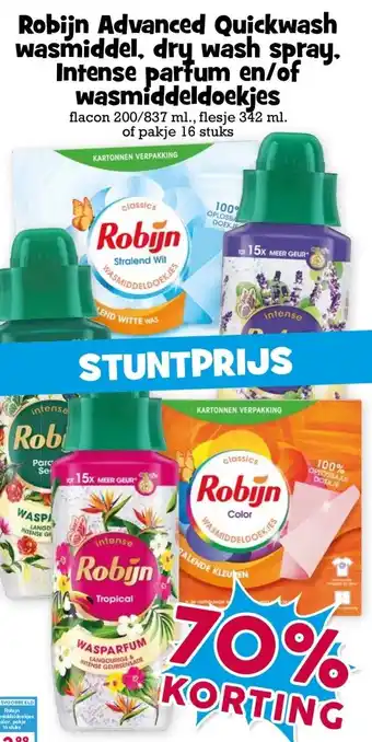 Boon`s Markt Robijn Advanced Quickwash wasmiddel, dry wash spray. Intense parfum en/of wasmiddeldoekjes aanbieding