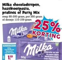 Boon`s Markt Milka chocoladerepen. hazelnootpasta. pralines of Party Mix aanbieding