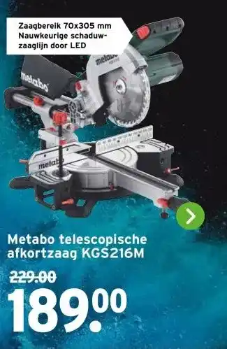 GAMMA Metabo telescopische afkortzaag KGS216M aanbieding