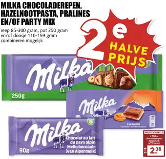 De Boerenschuur Milka chocoladerepen, hazelnootpasta, pralines en/of party mix aanbieding