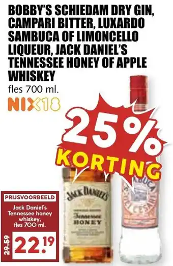 De Boerenschuur Bobby's schiedam dry gin, campari bitter, luxardo sambuca of limoncello liqueur, jack daniel's tennessee honey of apple aanbieding