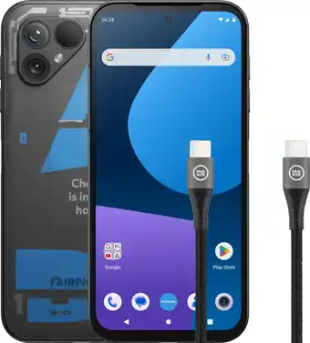 Coolblue Fairphone 5 256GB Transparant 5G + BlueBuilt Usb C Kabel 1,5m Nylon Zwart aanbieding
