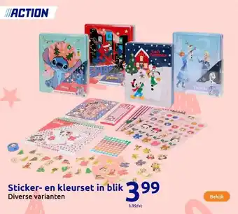 Action Sticker en kleurset in blik aanbieding