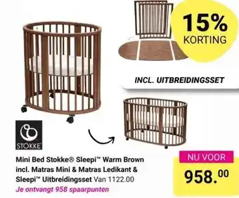Van Asten BabySuperstore Mini Bed Stokke Sleepi Warm Brown incl. Matras Mini & Matras Ledikant & Sleepi Uitbreidingsset aanbieding