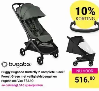 Van Asten BabySuperstore Buggy Bugaboo Butterfly 2 Complete Black/ Forest Green met veiligheidsbeugel en regenhoes aanbieding