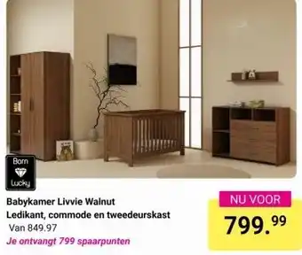 Van Asten BabySuperstore Babykamer Livvie Walnut Ledikant, commode en tweedeurskast aanbieding