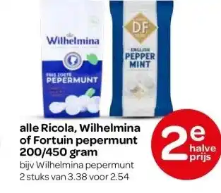 Spar alle Ricola, Wilhelmina of Fortuin pepermunt 200/450 gram aanbieding