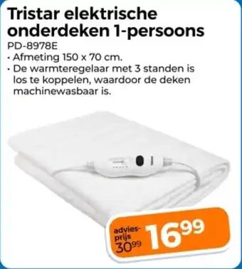 Trekpleister Tristar elektrische onderdeken 1 persoons aanbieding