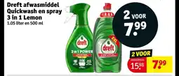 Kruidvat Dreft afwasmiddel Quickwash en spray 3 in 1 Lemon aanbieding