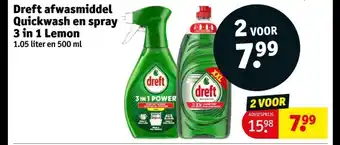 Kruidvat Dreft afwasmiddel Quickwash en spray 3 in 1 Lemon aanbieding