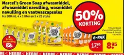 Kruidvat Marcel's Green Soap afwasmiddel, afwasmiddel navulling, wasmiddel navulling en vaatwascapsules aanbieding