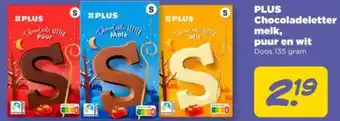 PLUS PLUS Chocoladeletter melk, puur en wit aanbieding
