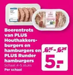 PLUS Boerentrots van PLUS Houthakkersburgers en hamburgers en PLUS Runder hamburgers aanbieding