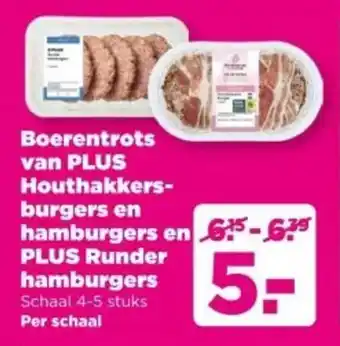 PLUS Boerentrots van PLUS Houthakkersburgers en hamburgers en PLUS Runder hamburgers aanbieding