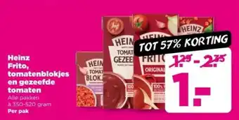 PLUS Heinz Frito, tomatenblokjes en gezeefde tomaten aanbieding