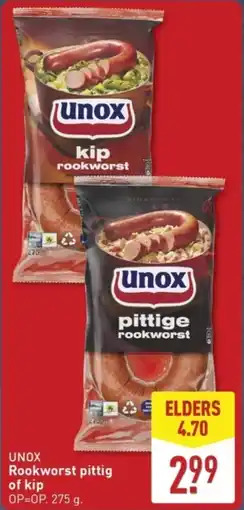 ALDI Unox Rookworst Pittig of Kip aanbieding