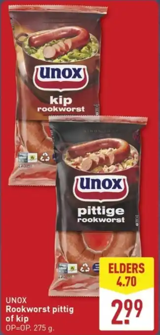 ALDI Unox Rookworst Pittig of Kip aanbieding