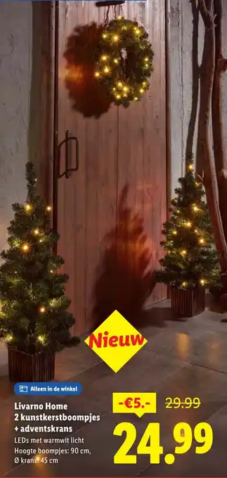 Lidl Livarno home 2 kunstkerstboompjes + adventskrans aanbieding