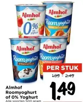 Vomar Voordeelmarkt Almhof Roomyoghurt of 0% Yoghurt aanbieding
