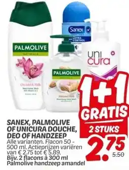 Dekamarkt SANEX, PALMOLIVE OF UNICURA DOUCHE, DEO OF HANDZEEP aanbieding