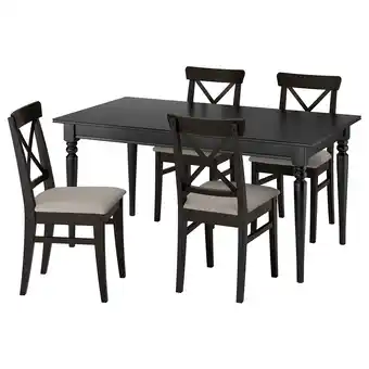IKEA Ingatorp zwarte houten eetset met uitschuifbare tafel & 4 kussenstoelen, perfect voor kleine ruimtes aanbieding