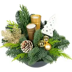 Dekamarkt Kerststuk in zinkenschaal rood en goud aanbieding