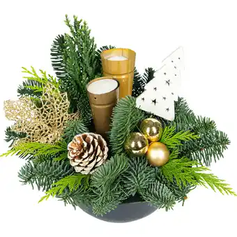 Dekamarkt Kerststuk in zinkenschaal rood en goud aanbieding