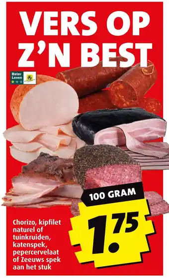 Boni Chorizo, kipfilet naturel of tuinkruiden, katenspek, pepercervelaat of Zeeuws spek aan het stuk aanbieding