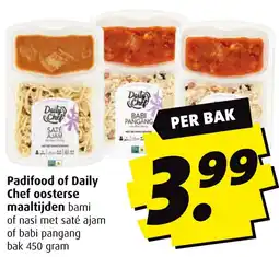 Boni Padifood of Daily Chef oosterse maaltijden bami of nasi met saté ajam of babi pangang aanbieding