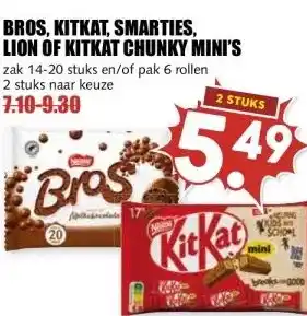 MCD Supermarkt BROS, KITKAT, SMARTIES, LION OF KITKAT CHUNKY MINI'S aanbieding