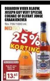 MCD Supermarkt DUJARDIN VIEUX BLAUW, JOSEPH GUY VERY SPECIAL COGNAC OF OLIFANT JONGE GRAANJENEVER aanbieding