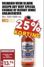 MCD Supermarkt DUJARDIN VIEUX BLAUW, JOSEPH GUY VERY SPECIAL COGNAC OF OLIFANT JONGE GRAANJENEVER aanbieding