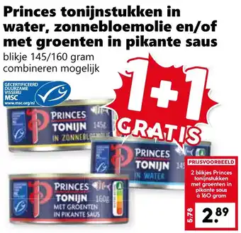 Coop Princes tonijnstukken in zonnebloemolie en/of water, met groenten in pikante saus aanbieding