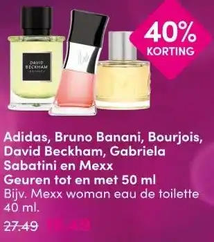 DA Adidas, Bruno Banani, Bourjois, David Beckham, Gabriela Sabatini en Mexx aanbieding