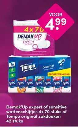 DA Demak'Up expert of sensitive wattenschijfjes 4x 70 stuks of Tempo original zakdoeken aanbieding