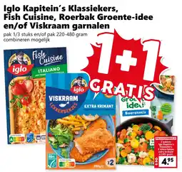 Coop Iglo Kapitein's Klassiekers, Fish Cuisine, Roerbak Groente-idee en/of Viskraam garnalen aanbieding