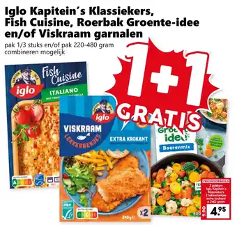 Coop Iglo Kapitein's Klassiekers, Fish Cuisine, Roerbak Groente-idee en/of Viskraam garnalen aanbieding